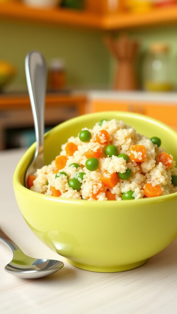 A bowl of quinoa with mashed vegetables for baby food, set in a bright kitchen.